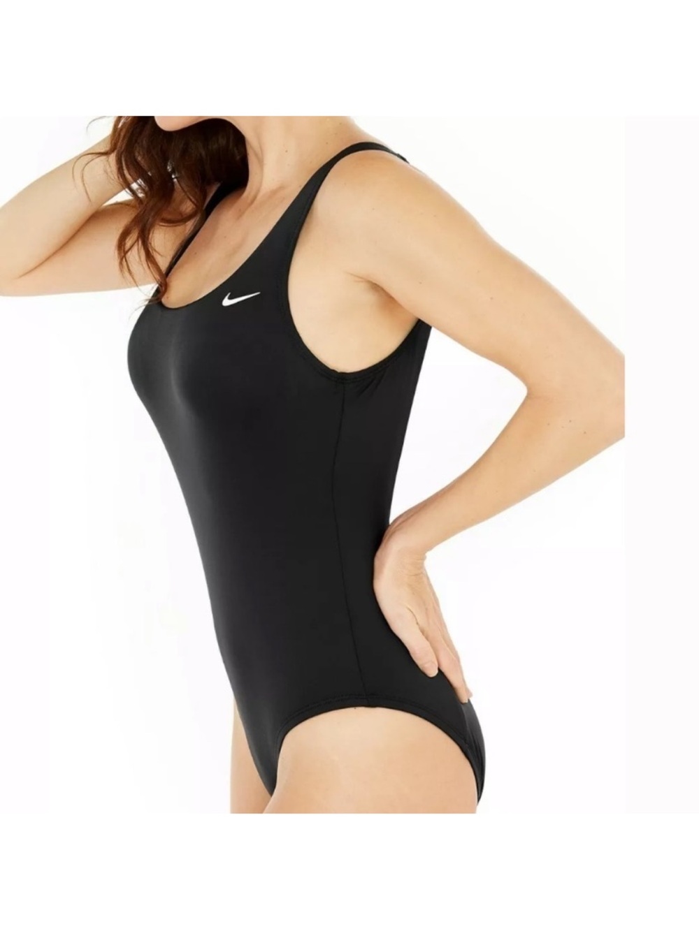 Nike Black One-Piece U-back Athletic Swimsuit with White Swoosh. Medium